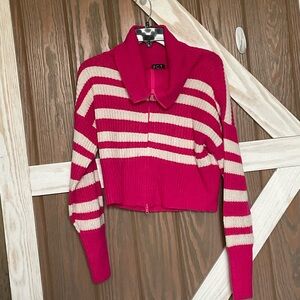 FCT With Love Striped Pink & White CroppeSweater. Zip Up. P2P 20-24” SIZE MEDIUM